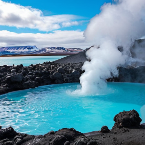 Home 4 **
A vibrant, turquoise-blue geothermal spa (like the Blue Lagoon) in Iceland. Rugged, dark volcanic rocks surround the steaming water. People are relaxing in the spa, some with mud masks on their faces. The atmosphere is peaceful and rejuvenating. The sky should be a clear, light blue.
**