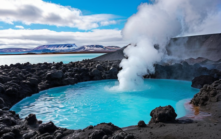 **
A vibrant, turquoise-blue geothermal spa (like the Blue Lagoon) in Iceland. Rugged, dark volcanic rocks surround the steaming water. People are relaxing in the spa, some with mud masks on their faces. The atmosphere is peaceful and rejuvenating. The sky should be a clear, light blue.
**