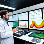 A professional geothermal engineer, fully clothed in a modest business shirt and lab coat, observing large interactive screens displaying complex real-time geological and hydrological data in a modern, well-lit control room. The screens show intricate simulations of underground fluid flows, seismic activity, and predictive climate models, emphasizing high-tech monitoring and data analysis. The scene features clean workstations and futuristic interfaces. Perfect anatomy, correct proportions, natural pose, well-formed hands, proper finger count, natural body proportions, professional photography, high quality, safe for work, appropriate content, fully clothed, professional.