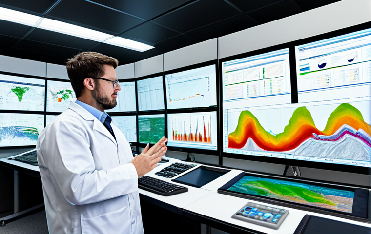 A professional geothermal engineer, fully clothed in a modest business shirt and lab coat, observing large interactive screens displaying complex real-time geological and hydrological data in a modern, well-lit control room. The screens show intricate simulations of underground fluid flows, seismic activity, and predictive climate models, emphasizing high-tech monitoring and data analysis. The scene features clean workstations and futuristic interfaces. Perfect anatomy, correct proportions, natural pose, well-formed hands, proper finger count, natural body proportions, professional photography, high quality, safe for work, appropriate content, fully clothed, professional.