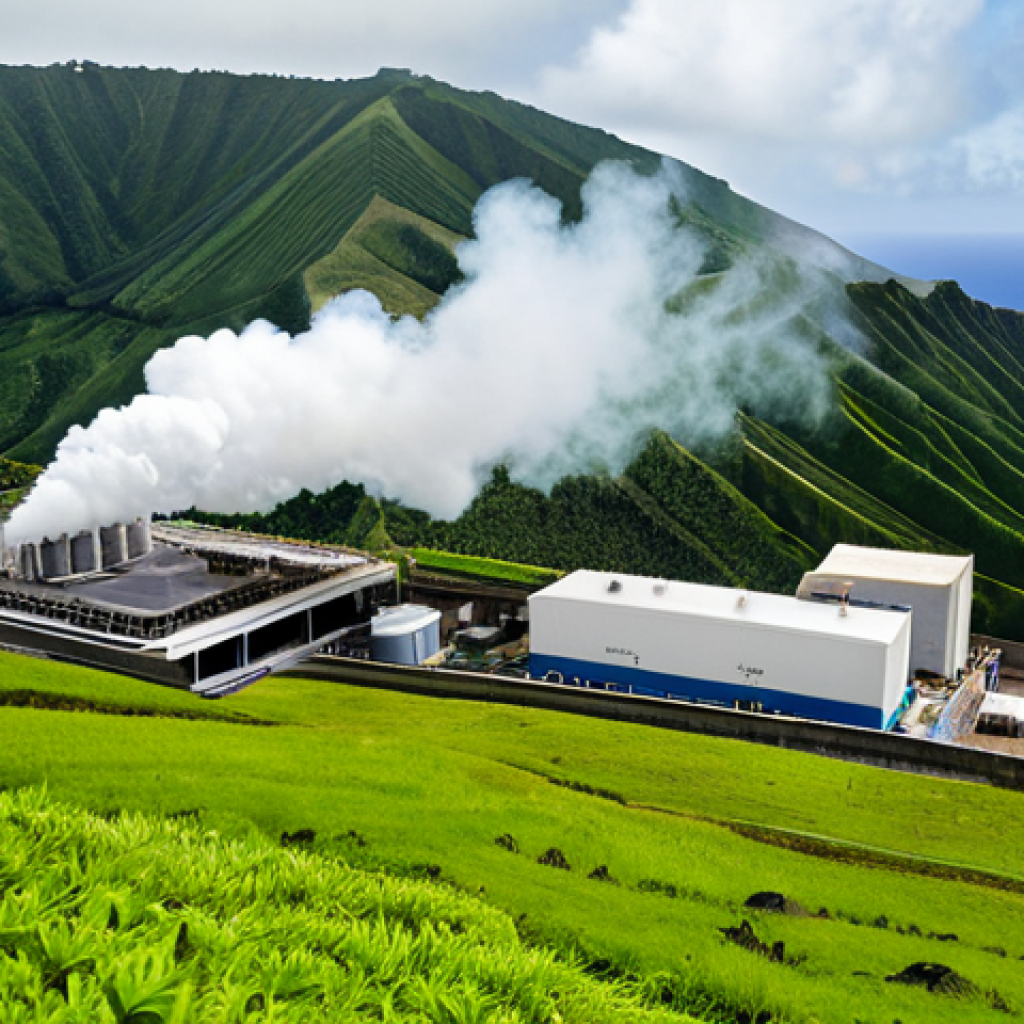 Geothermal Power in the Azores**
"A modern geothermal power plant nestled in the volcanic landscape of the Azores, Portugal. Steam rising against a backdrop of lush green hills and the Atlantic ocean. Fully clothed engineers in appropriate attire are monitoring equipment. The image showcases sustainable energy and technological innovation. Safe for work, appropriate content, professional photography, perfect anatomy, natural proportions, high quality, professional."
**