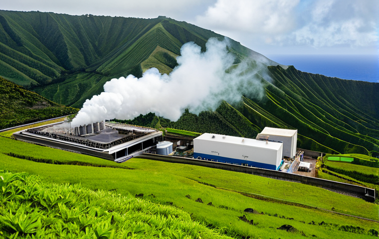 Geothermal Power in the Azores**
"A modern geothermal power plant nestled in the volcanic landscape of the Azores, Portugal. Steam rising against a backdrop of lush green hills and the Atlantic ocean. Fully clothed engineers in appropriate attire are monitoring equipment. The image showcases sustainable energy and technological innovation. Safe for work, appropriate content, professional photography, perfect anatomy, natural proportions, high quality, professional."
**