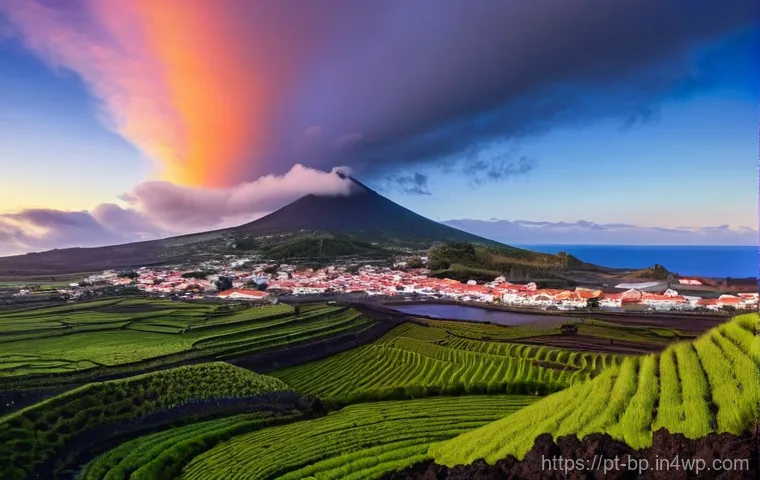 화산 지역의 미스터리한 이야기 - **Azorean Volcanic Legacy: The Mistérios**
A panoramic, dramatic twilight scene over the Azorean...