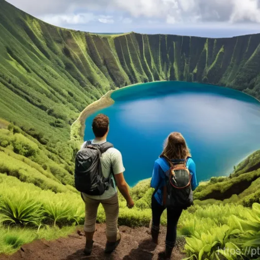 화산 지역에서의 모험 여행 - **Volcanic Crater Lake Expedition in the Azores**
"Two intrepid hikers, a man and a woman in the...