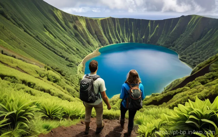 화산 지역에서의 모험 여행 - **Volcanic Crater Lake Expedition in the Azores**
"Two intrepid hikers, a man and a woman in the...