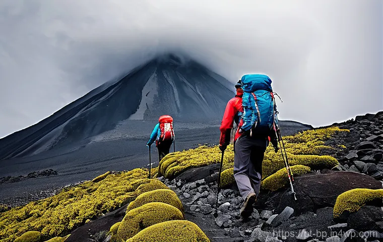 화산 탐험의 매력적인 코스 - **Prompt 1: Majestic Volcanic Panorama**
    "A lone adventurer, dressed in full, modern trekking ge...