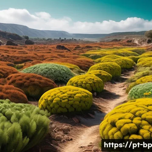 Home 33 지열 지역의 기후 변화 영향 - A detailed landscape of a geothermal area in Portugal’s volcanic interior, showing native plants ada...