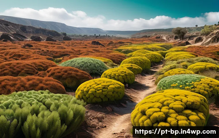 지열 지역의 기후 변화 영향 - A detailed landscape of a geothermal area in Portugal’s volcanic interior, showing native plants ada...