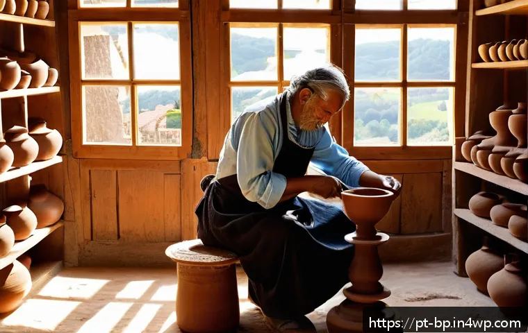 지열 지역의 전통 공예 체험 - A skilled artisan shaping traditional pottery on a spinning wheel in a sunlit workshop in Caldas da ...