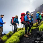 Home 19 화산 지역에서의 팀 빌딩 활동 - A diverse corporate team hiking together on a rugged volcanic landscape in the Azores, Portugal, wea...