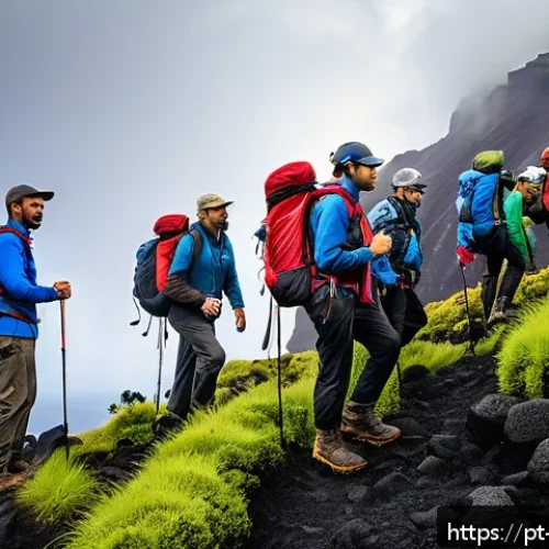 Home 31 화산 지역에서의 팀 빌딩 활동 - A diverse corporate team hiking together on a rugged volcanic landscape in the Azores, Portugal, wea...