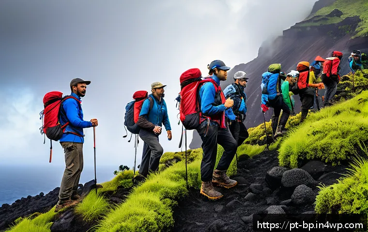 화산 지역에서의 팀 빌딩 활동 - A diverse corporate team hiking together on a rugged volcanic landscape in the Azores, Portugal, wea...