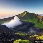 Home 18 화산 지역에서의 사진 공모전 - A breathtaking volcanic landscape at sunrise, featuring a vast expanse of black volcanic rocks contr...