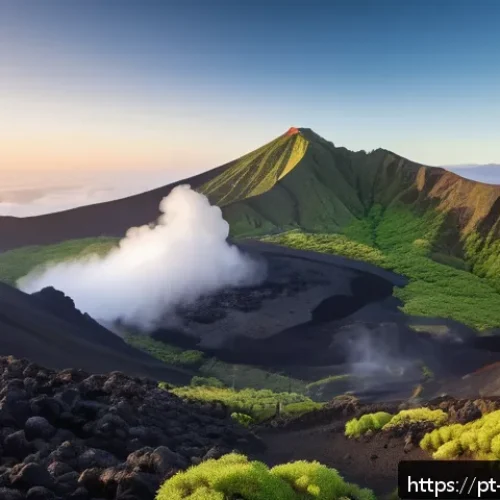 Home 30 화산 지역에서의 사진 공모전 - A breathtaking volcanic landscape at sunrise, featuring a vast expanse of black volcanic rocks contr...
