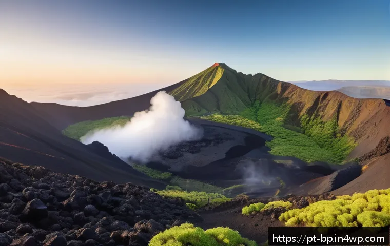 화산 지역에서의 사진 공모전 - A breathtaking volcanic landscape at sunrise, featuring a vast expanse of black volcanic rocks contr...
