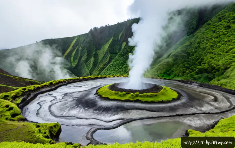Home 17 지열 지역의 지형적 특징 - Photorealistic geothermal valley in São Miguel, Azores, Portugal, steaming fumaroles rising from mos...
