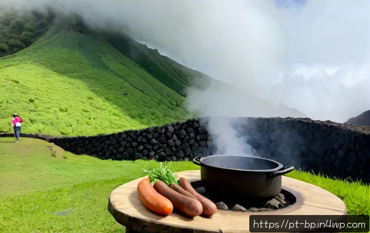 Home 17 화산 주변 음식 체험 프로그램 - Photorealistic food experience beside a volcanic landscape in the Azores, Portugal: a small group of...